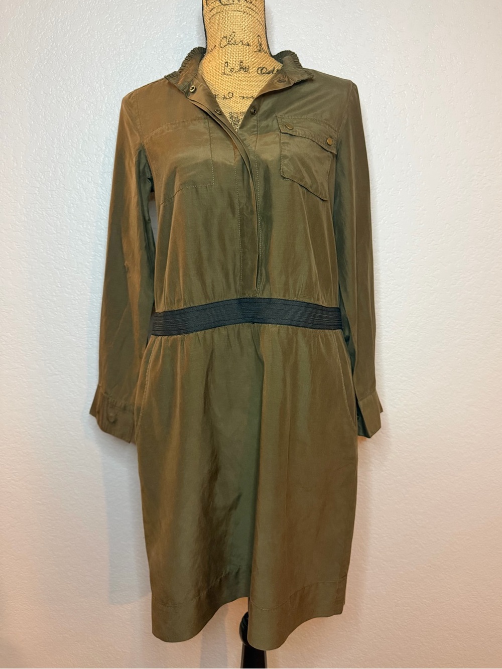 Banana Republic Olive Green Shirt Dress with Mandarin Collar